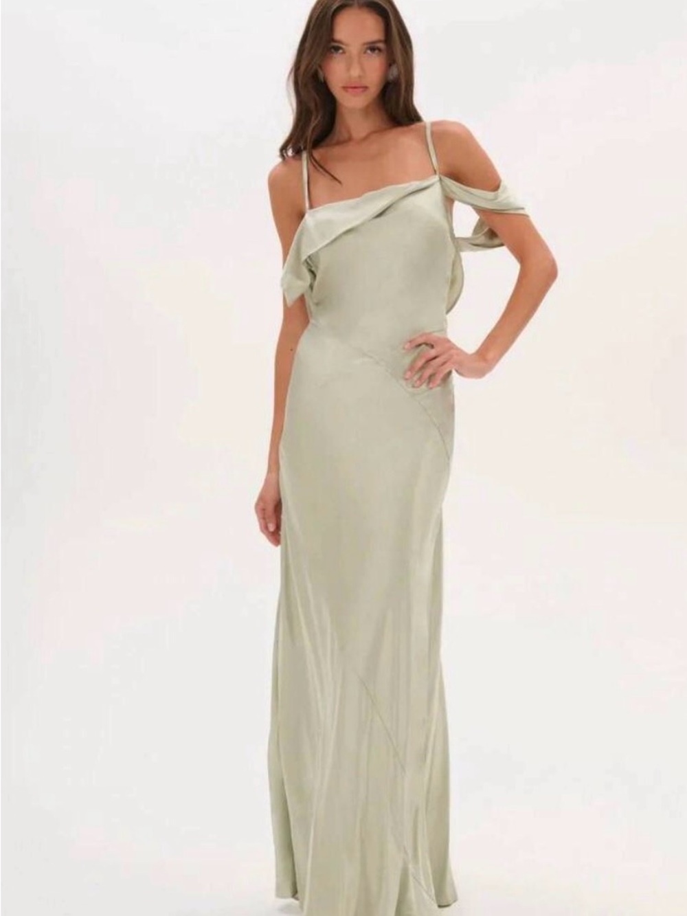 For Love And Lemons Sage Green Satin Off-Shoulder Slip Maxi Dress